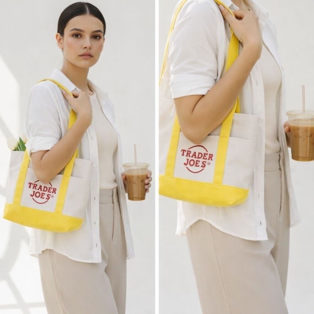 Trader Joe’s Mini Canvas Tote Bag - Yellow & Cream, Reusable New with Tags